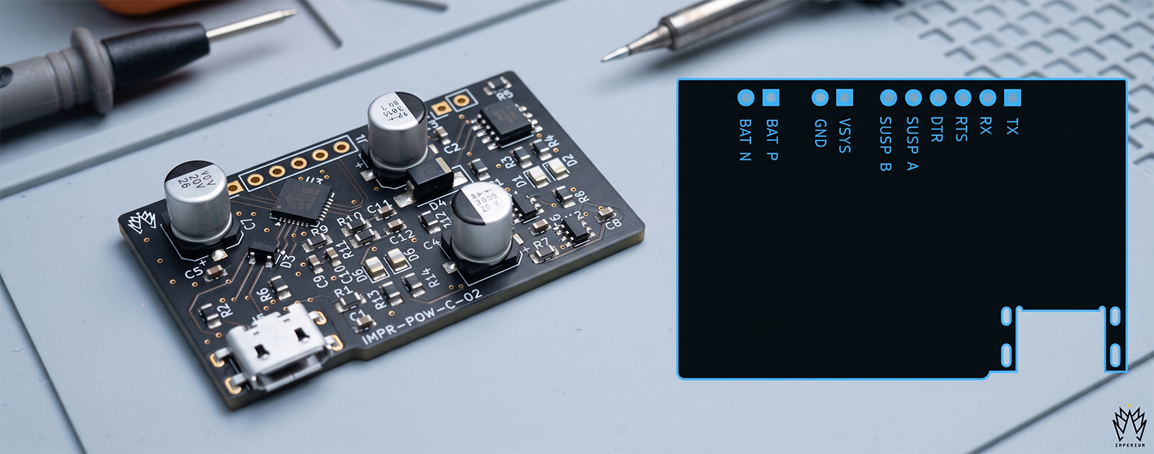 IMPR-POW-C-02 power management and UART bridge module, top-down view showing CP2102, TP4056, and USB-C connector